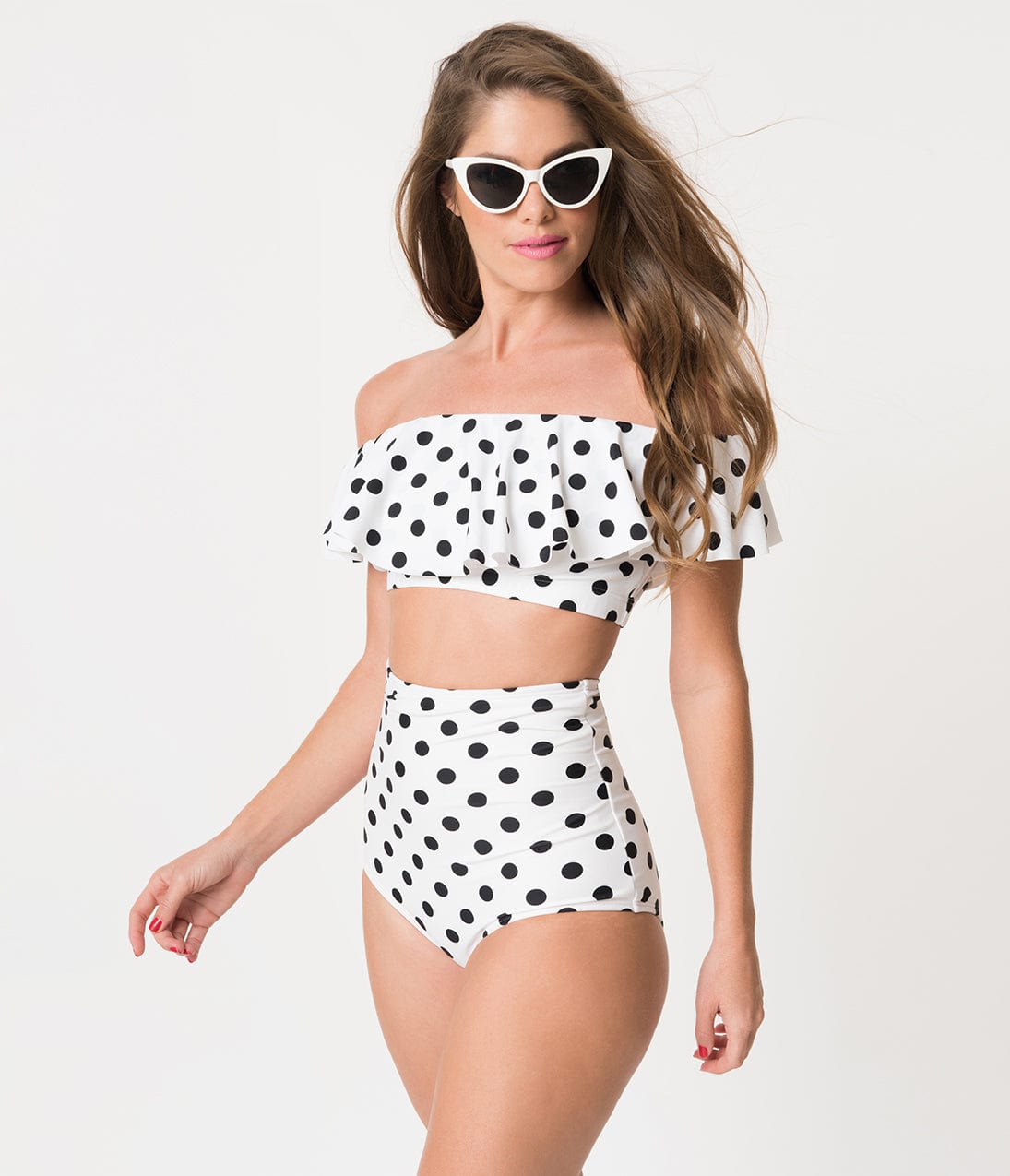 

Unique Vintage White & Black Dot High Waist Louise Swim Bottoms