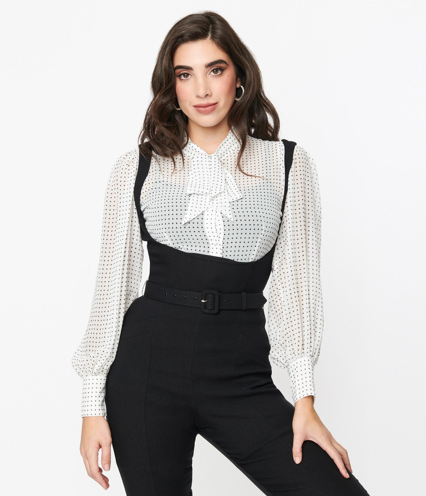 

Unique Vintage White Black Pin Dot Tie Neck Gwen Blouse