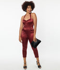 Halter Back Zipper Self Tie Pocketed Fitted Satin Jumpsuit