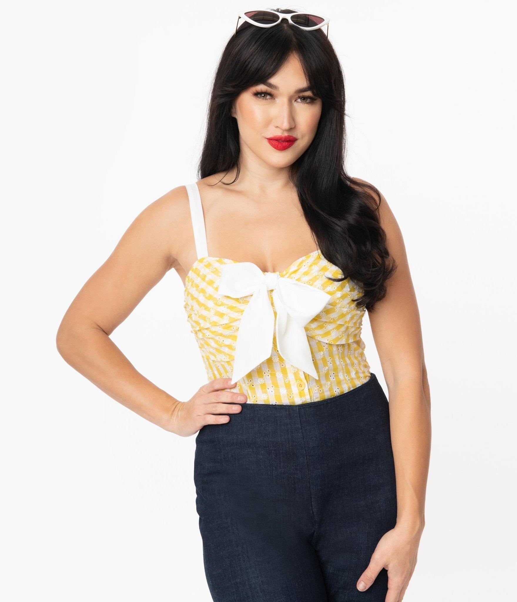 

Unique Vintage Yellow Gingham & White Eyelet Dubois Top