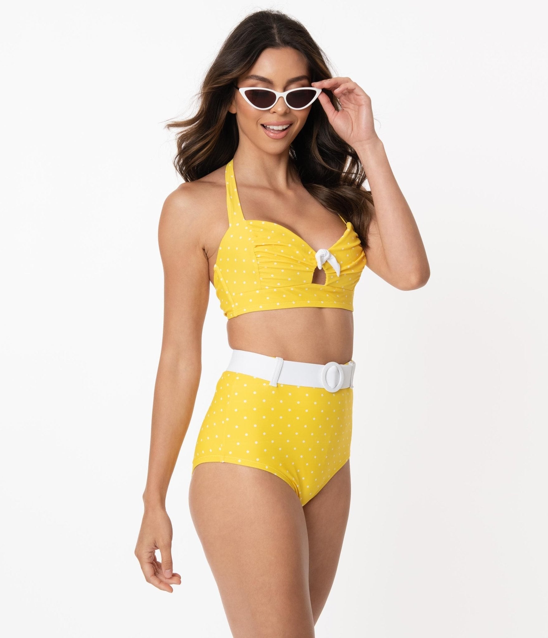 

Unique Vintage Yellow & White Pin Dot Belted Retro Redondo Swim Bottoms