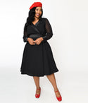 Plus Size V-neck Banding Vintage Pocketed Back Zipper Fitted Sheer Long Sleeves Notched Collar Swing-Skirt Elasticized Waistline Dress