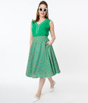 Vintage Style Green Dotted & Floral Swing Skirt