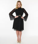 Mock Neck Bell Sleeves Belted Sheer Chiffon Floral Print Dress