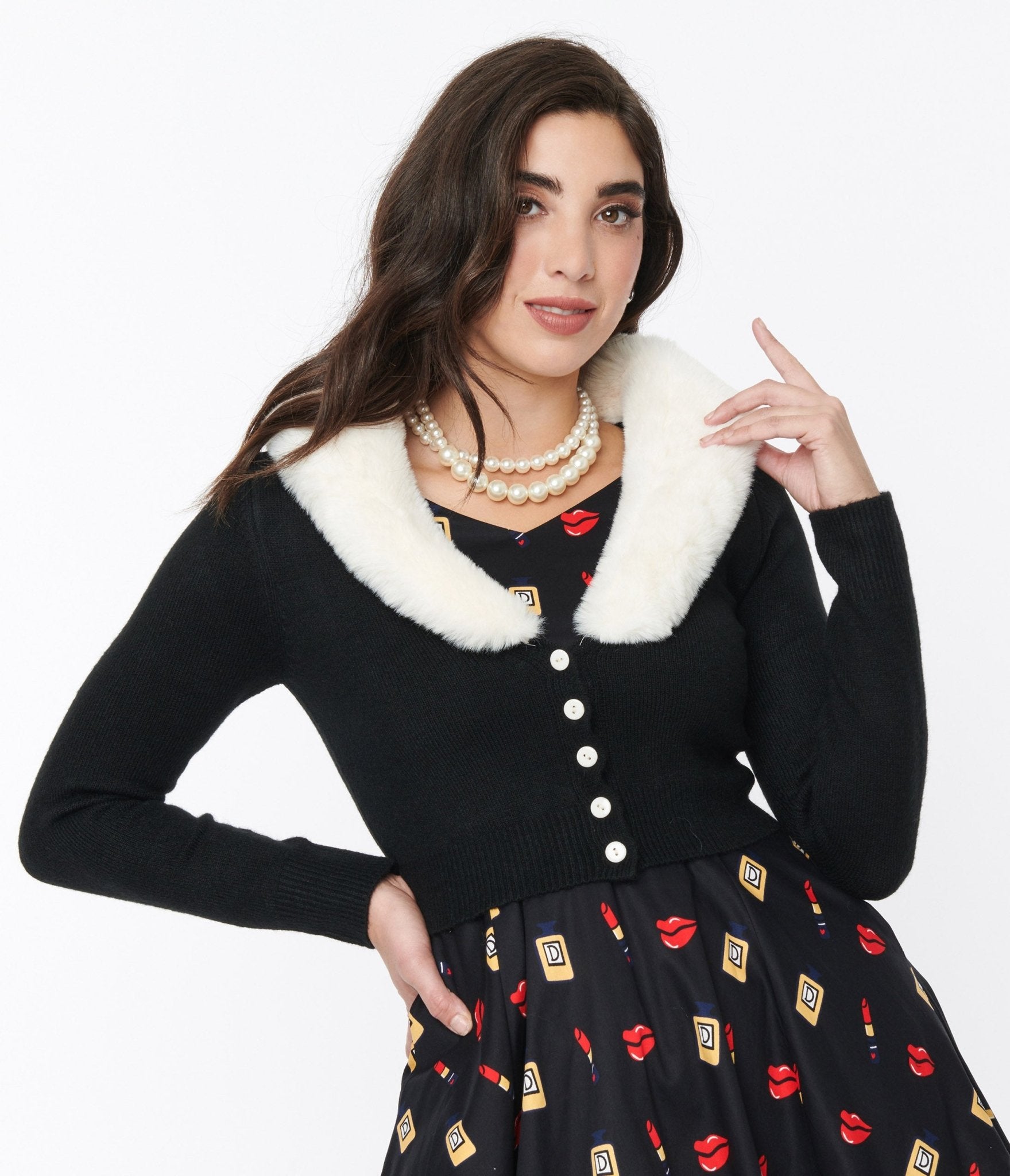 

Voodoo Vixen Black Faux Fur Collar Cropped Cardigan