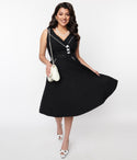 Back Zipper Piping Belted Pocketed Asymmetric Swing-Skirt Collared Dress