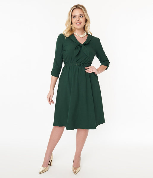 Belted Self Tie Swing-Skirt 3/4 Sleeves Dress