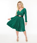 V-neck Pleated Swing-Skirt Long Sleeves Satin Dress