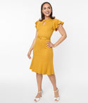 Keyhole Fitted Back Zipper Belted Scoop Neck Flutter Sleeves Fit-and-Flare Knit Dress