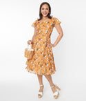 Smocked Floral Print Fitted Swing-Skirt Short Flutter Sleeves Dress by Silver Stop Inc. (voodoo Vixen)