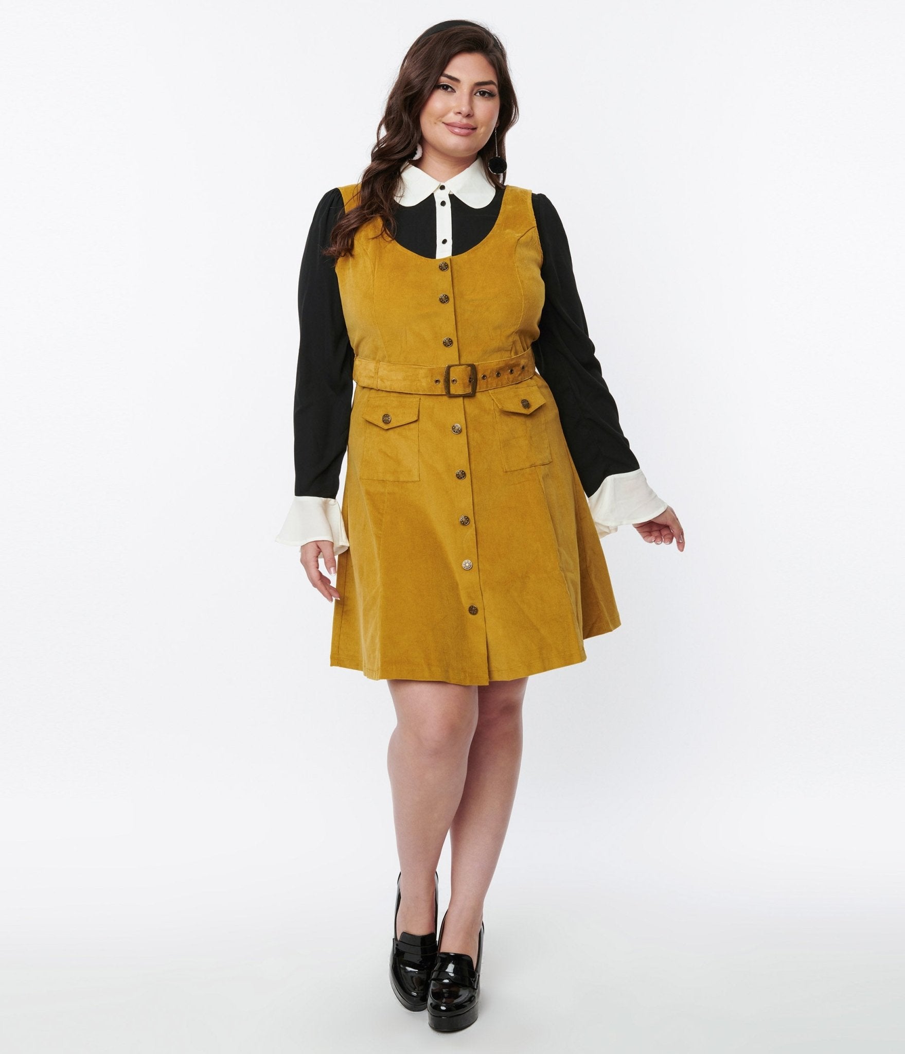 

Voodoo Vixen Mustard Yellow Corduroy Belted A-Line Dress