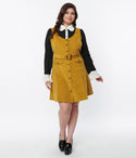 A-line Corduroy Scoop Neck Pocketed Belted Button Front Vintage Sleeveless Dress