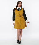 A-line Vintage Belted Pocketed Button Front Corduroy Scoop Neck Sleeveless Dress