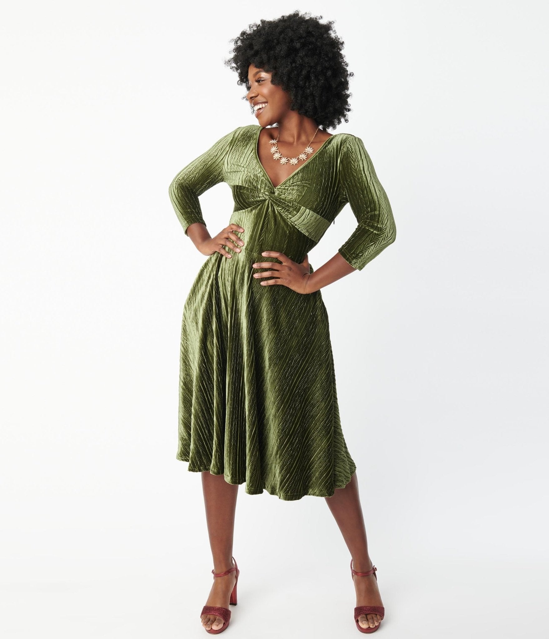 

Voodoo Vixen Olive Embossed Velvet Swing Dress