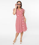 V-neck Fitted Button Front Self Tie Fit-and-Flare Vertical Stripe Print Short Sleeves Sleeves Dress