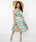 Summer Swing-Skirt Sleeveless General Print Belted Flowy Pocketed Beach Dress