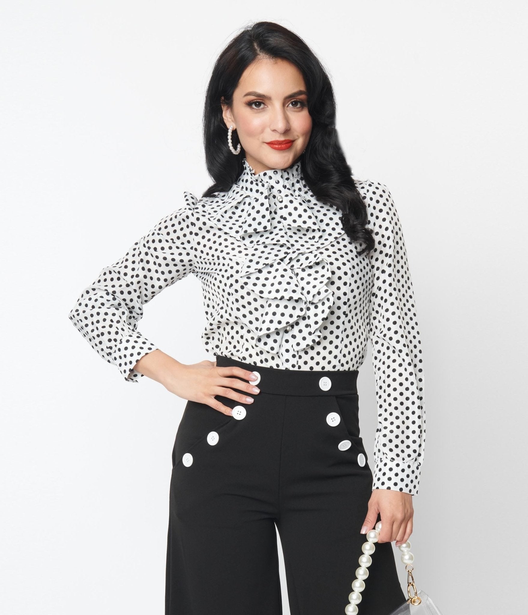 

White & Black Polka Dot Frilled Long Sleeve Blouse