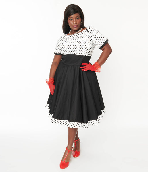 Fitted Side Zipper Vintage Polka Dots Print Swing-Skirt Off the Shoulder Dress