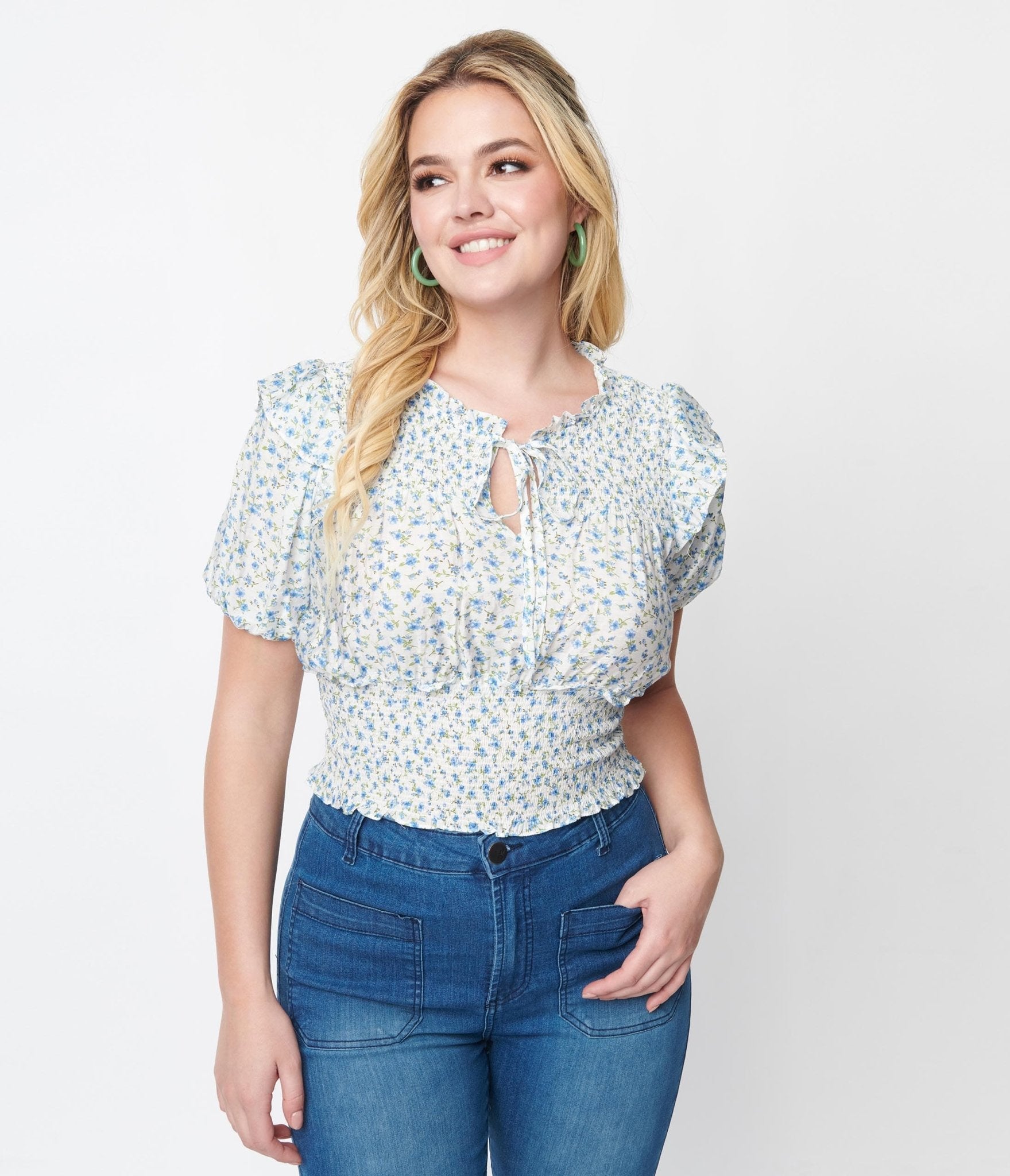 

White & Blue Floral Smocked Waist Top