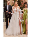 Sophisticated A-line V-neck Long Sleeves Tulle Striped Floral Print Sequined Plunging Neck Ball Gown Wedding Dress