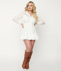 Collared Long Sleeves Short Elasticized Waistline Dress With Ruffles