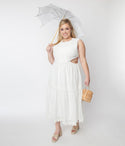 Lace Trim Flowy Cutout Scoop Neck Sleeveless Midi Dress With Ruffles