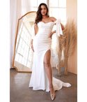 Sophisticated Sweetheart Floor Length Open-Back Slit Gathered Ruched Fitted Self Tie Satin Mermaid Off the Shoulder Wedding Dress with a Brush/Sweep Train