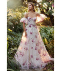 Strapless Floral Print Floor Length Organza Corset Waistline Puff Sleeves Sleeves Sheer Ball Gown Prom Dress