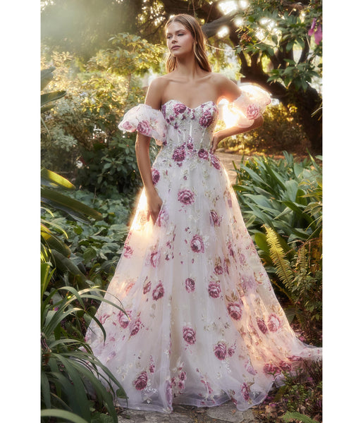 Strapless Puff Sleeves Sleeves Sheer Organza Corset Waistline Floral Print Floor Length Ball Gown Prom Dress