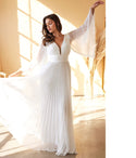 V-neck Chiffon Bell Sleeves Floor Length Back Zipper Gathered Pleated Wedding Dress