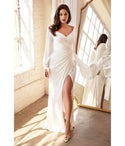 A-line V-neck Portrait Neck Floor Length Satin Goddess Slit V Back Wrap Back Zipper Wedding Dress with a Brush/Sweep Train