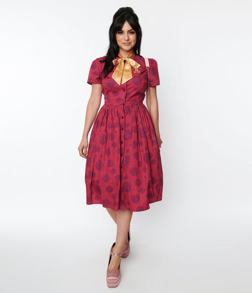 Swing-Skirt Button Front Self Tie Embroidered Dress With a Bow(s)