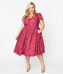 Plus Size Swing-Skirt Button Front Embroidered Self Tie Dress With a Bow(s)