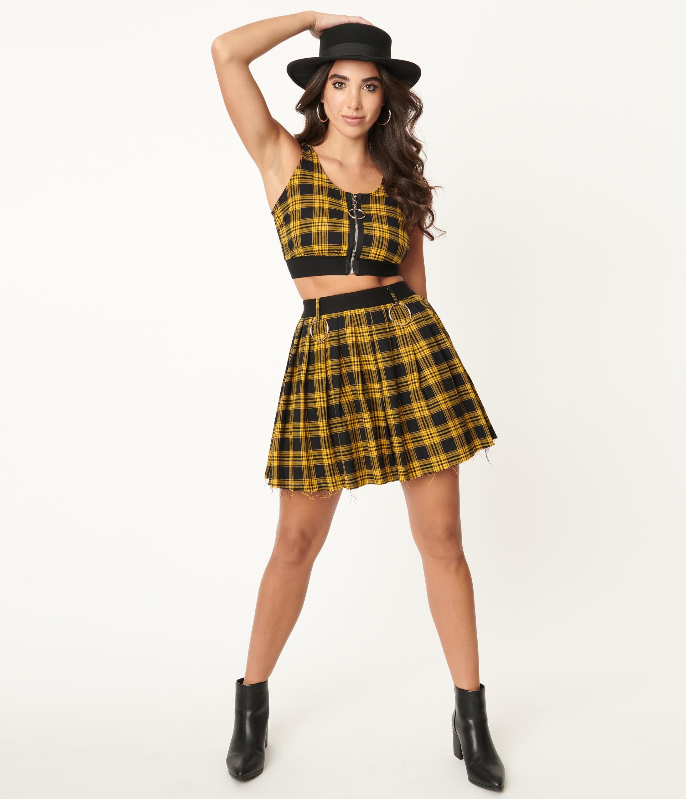 

Yellow & Black Plaid Pleated Mini Skirt