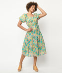 Floral Print Cotton Puff Sleeves Sleeves Banding Self Tie Tiered Scoop Neck Elasticized Waistline Midi Dress With a Sash