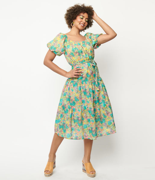 Puff Sleeves Sleeves Cotton Elasticized Waistline Banding Self Tie Tiered Floral Print Scoop Neck Midi Dress With a Sash