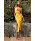 Sexy Satin Cowl Neck Asymmetric Pleated Draped Slit Fitted Homecoming Dress/Bridesmaid Dress/Slip Dress/Midi Dress