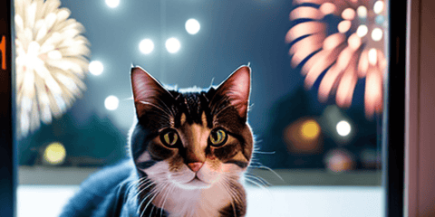 A cat trying to decide what it thinks of these strange fireworks and noises.