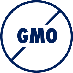 Blue circular logo with 'GMO' text and a line through it, indicating non-GMO.