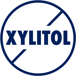 Logo of xylitol with blue text and a circle slash overlay.