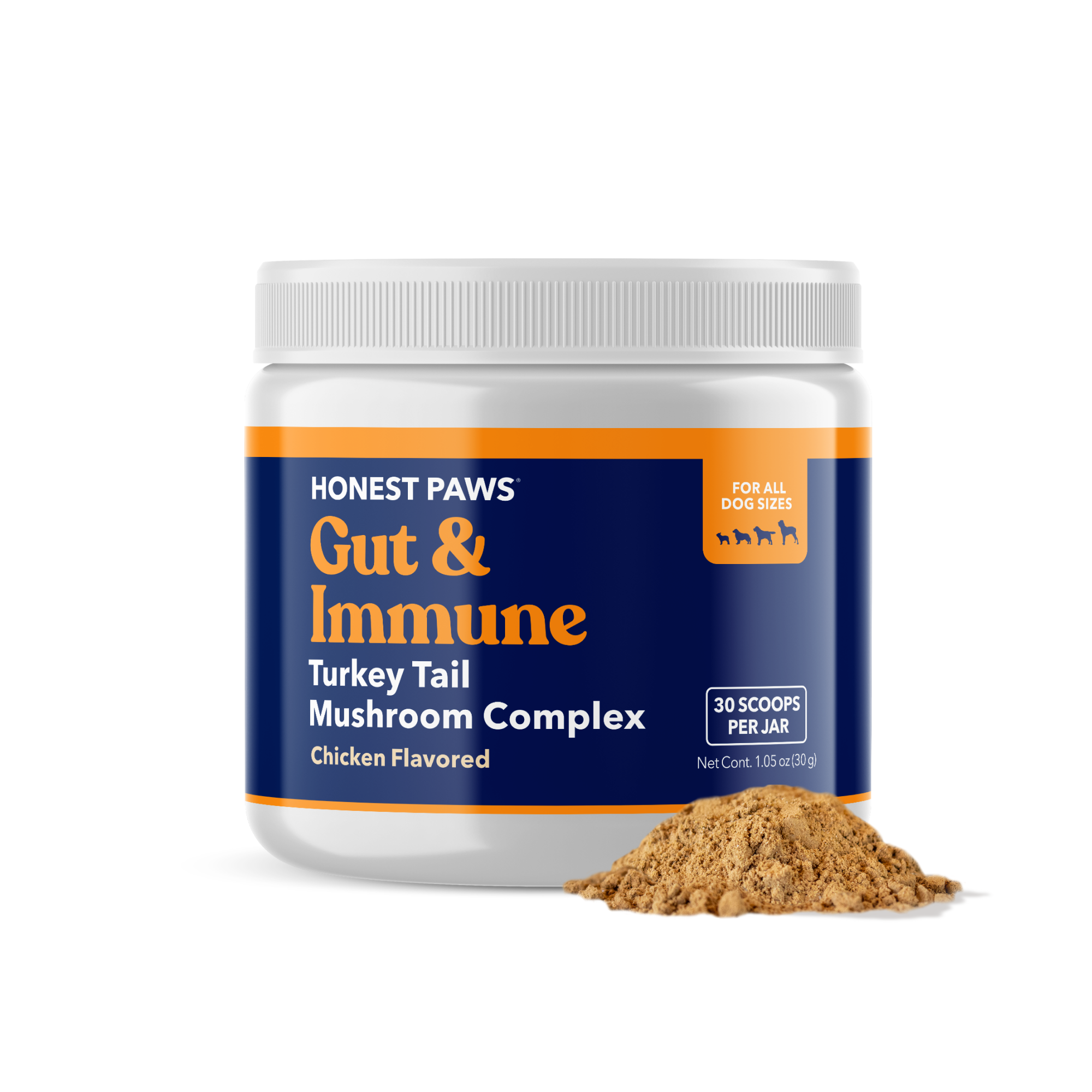 Container of Honest Paws dog supplement with turkey tail mushroom complex and a scoop of powder.