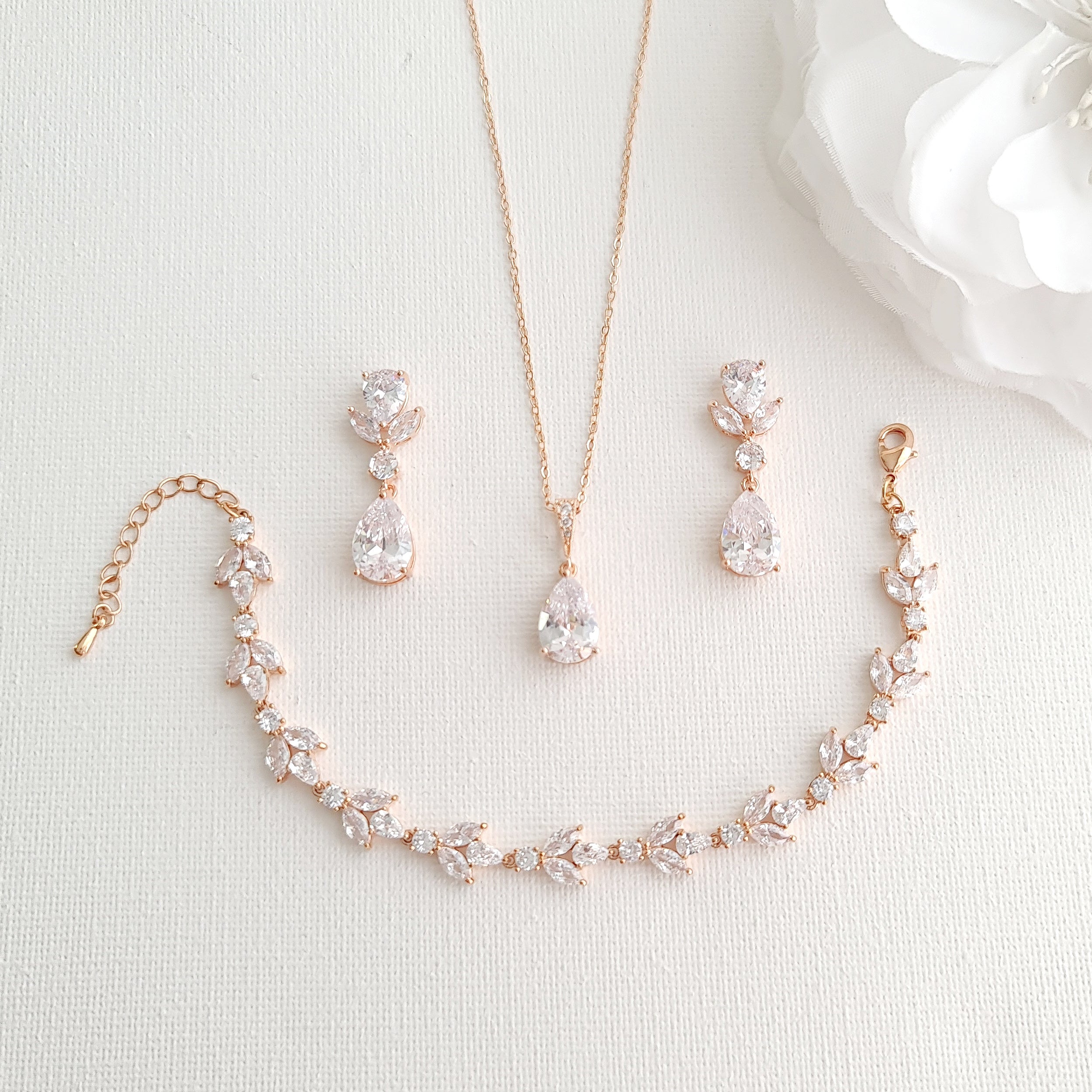 Rose Gold Plated Ad Stone Bridal Necklace Set - MIDNIK