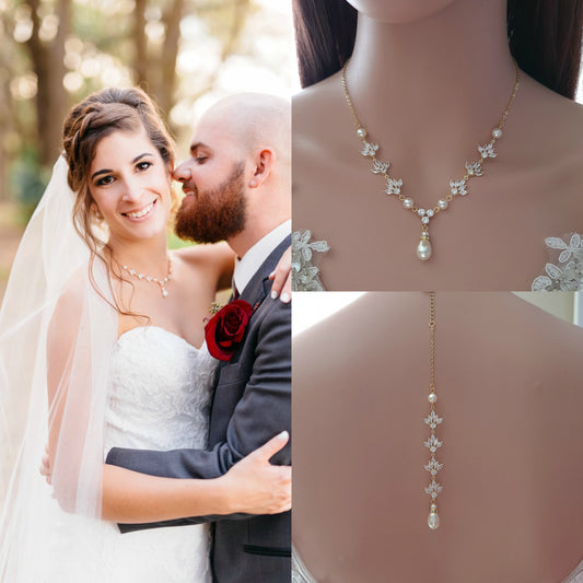 Wedding Necklace Pearl Rose Gold Y Bridal VINE LEAF BACKDROP 