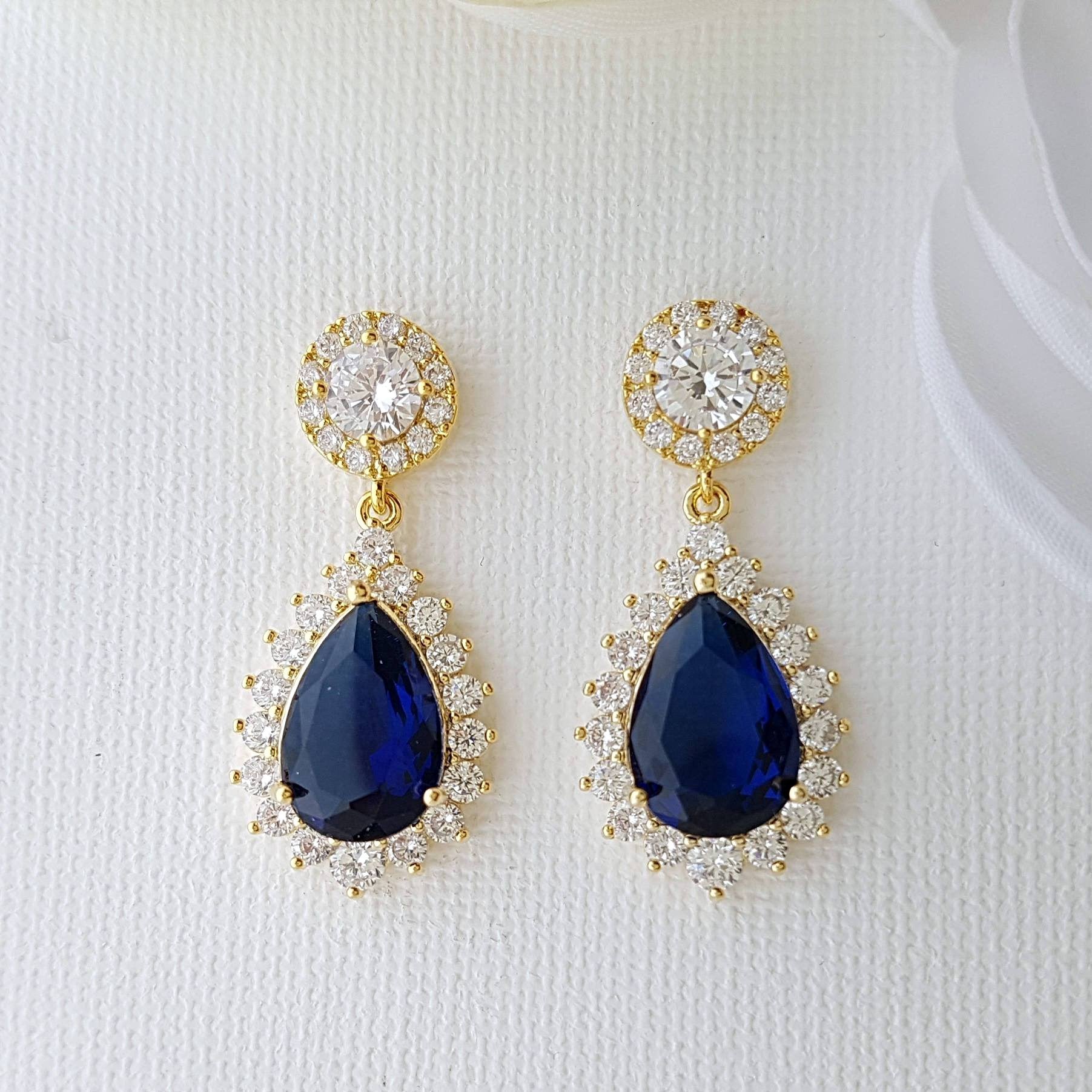 Buy Navy Blue and Clear Crystal Drop Earrings, Gold Dangling Earrings,  Bridemaid's Earrings, Bridal Earrings, Something Blue, Teardrop Earrings  Online in India - Etsy