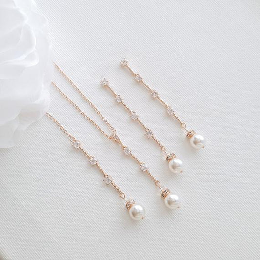 Rose Gold Necklace and Earring Set Bridal Jewelry Set CZ Backdrop Necklace  Bridal Drop Earrings Wedding Jewelry Accessories Dangle Earrings 