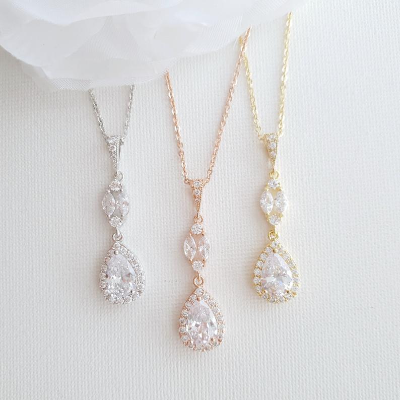 CZ Drop Pendant Necklace in Silver for Bridesmaids & Brides-Hayley - PoetryDesigns