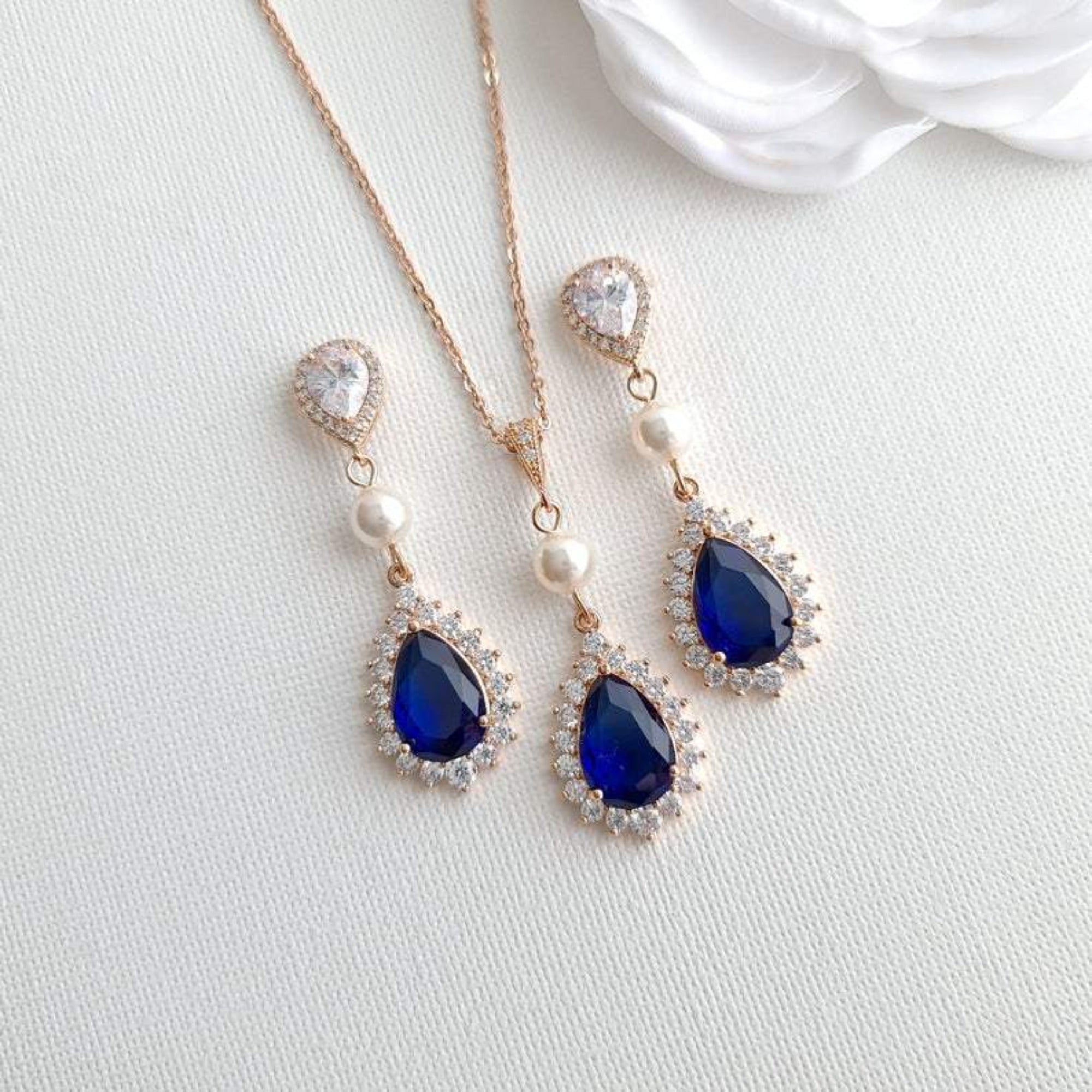 Silver-Plated Royal Blue Necklace and Earring Set - Diamond Necklace –  Niscka