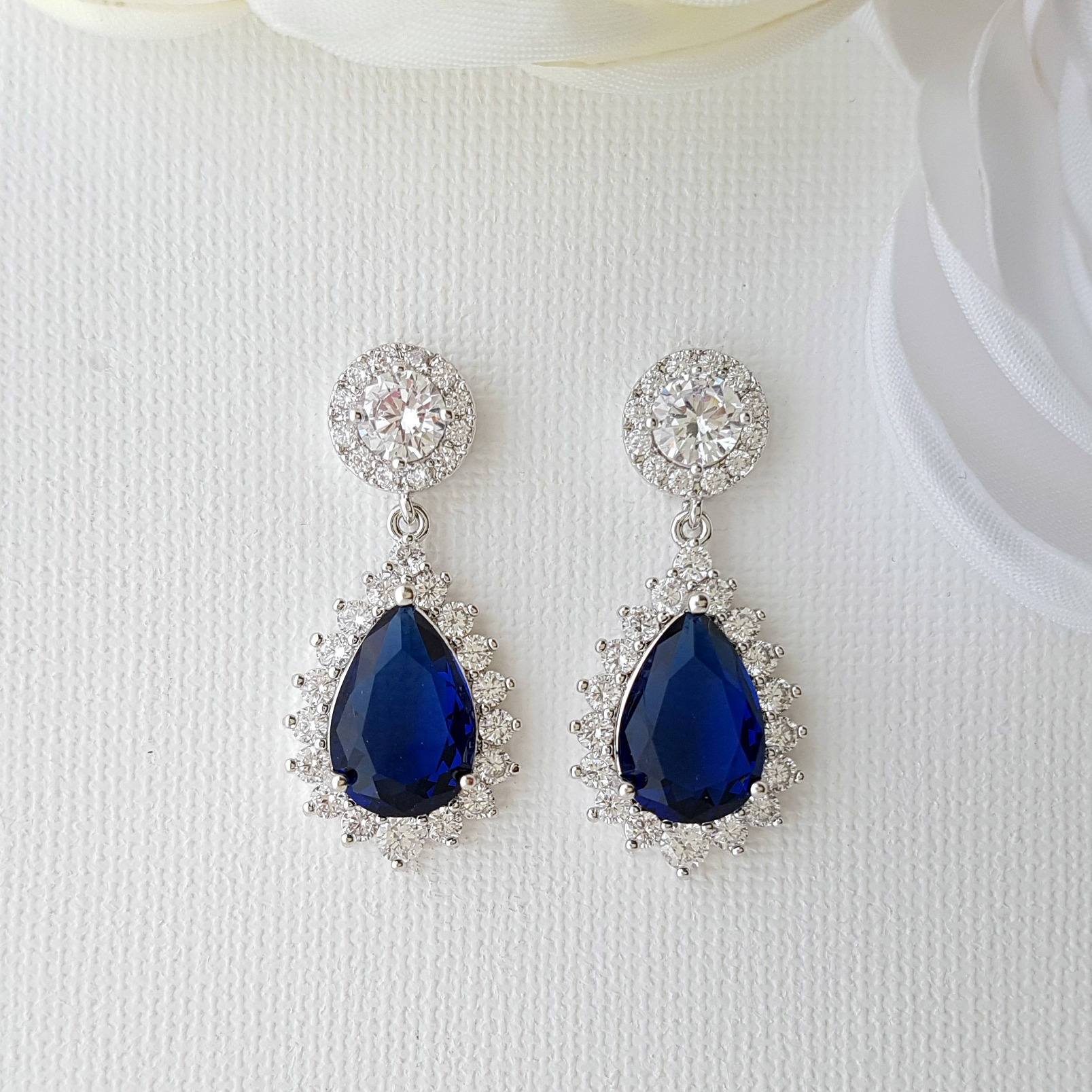 Sapphire Blue Clip On Bridal Earrings in Silver, Gold & Rose Gold-Aoi ...