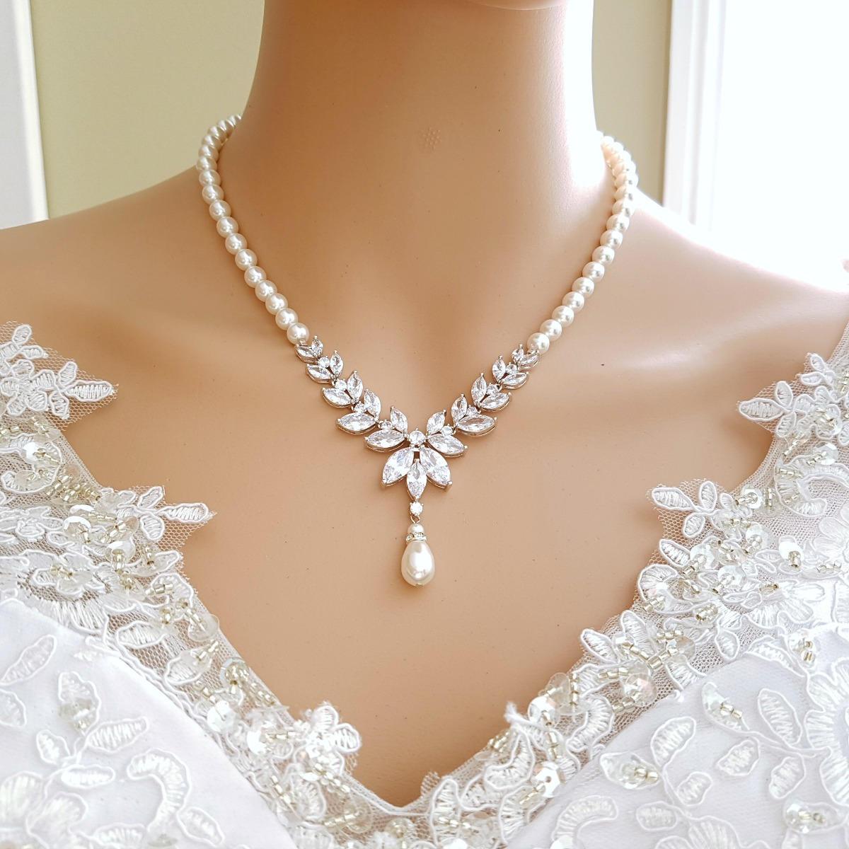 Wedding Back Necklace Set, Bridal Necklace Pearl, Crystal