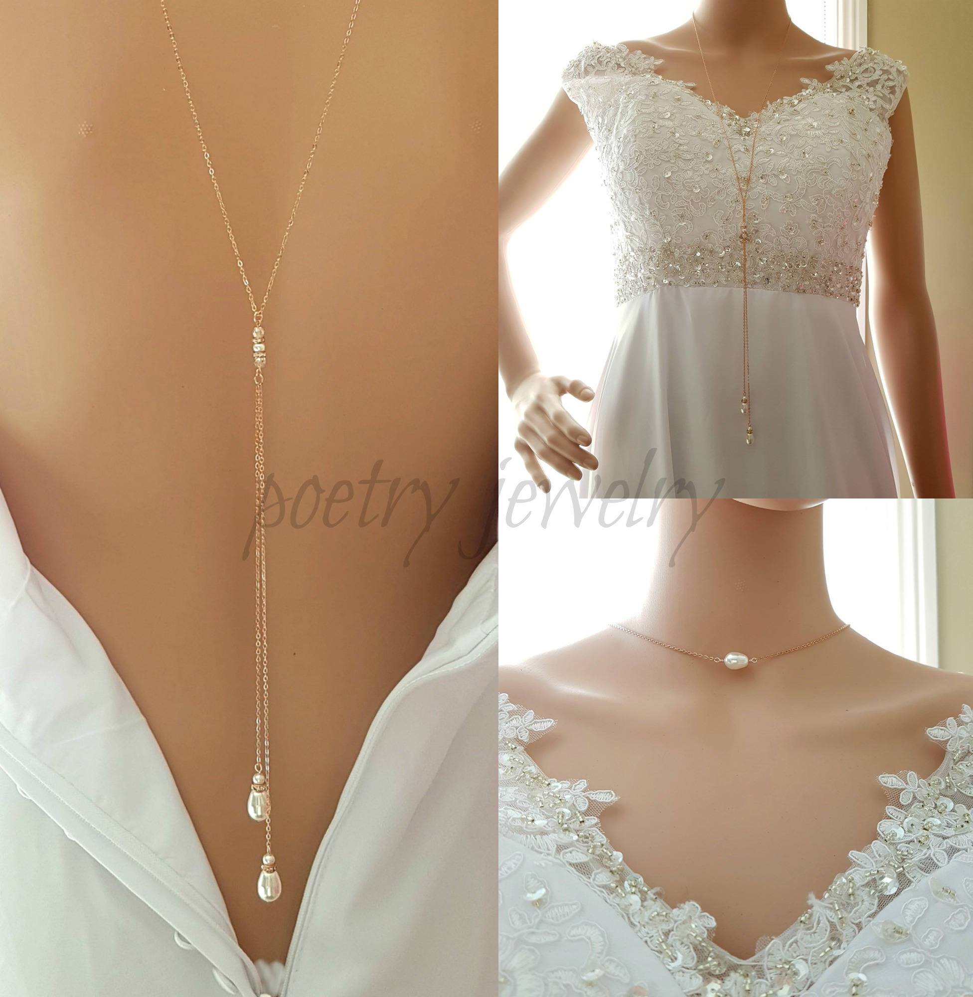 Delicate Rose Gold Back Necklace With Pearl Drops For Brides June Poetrydesigns